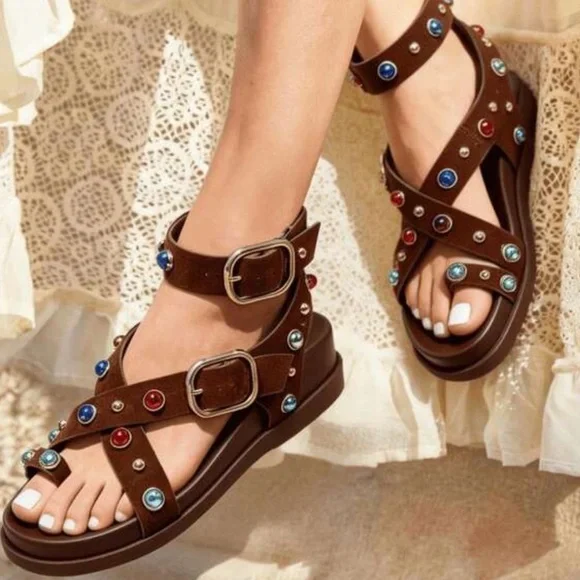 Women's Brown Studded Multi-Color Gem Strap Sandals bohemian gladiator. - Picture 1 of 6